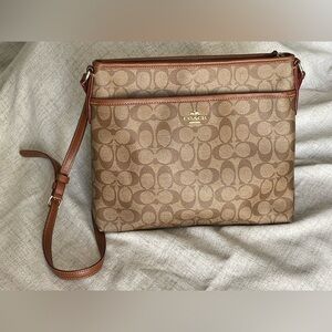 Coach Signature Canvas large Crossbody Bag Khaki Brown Leather Trim F34938